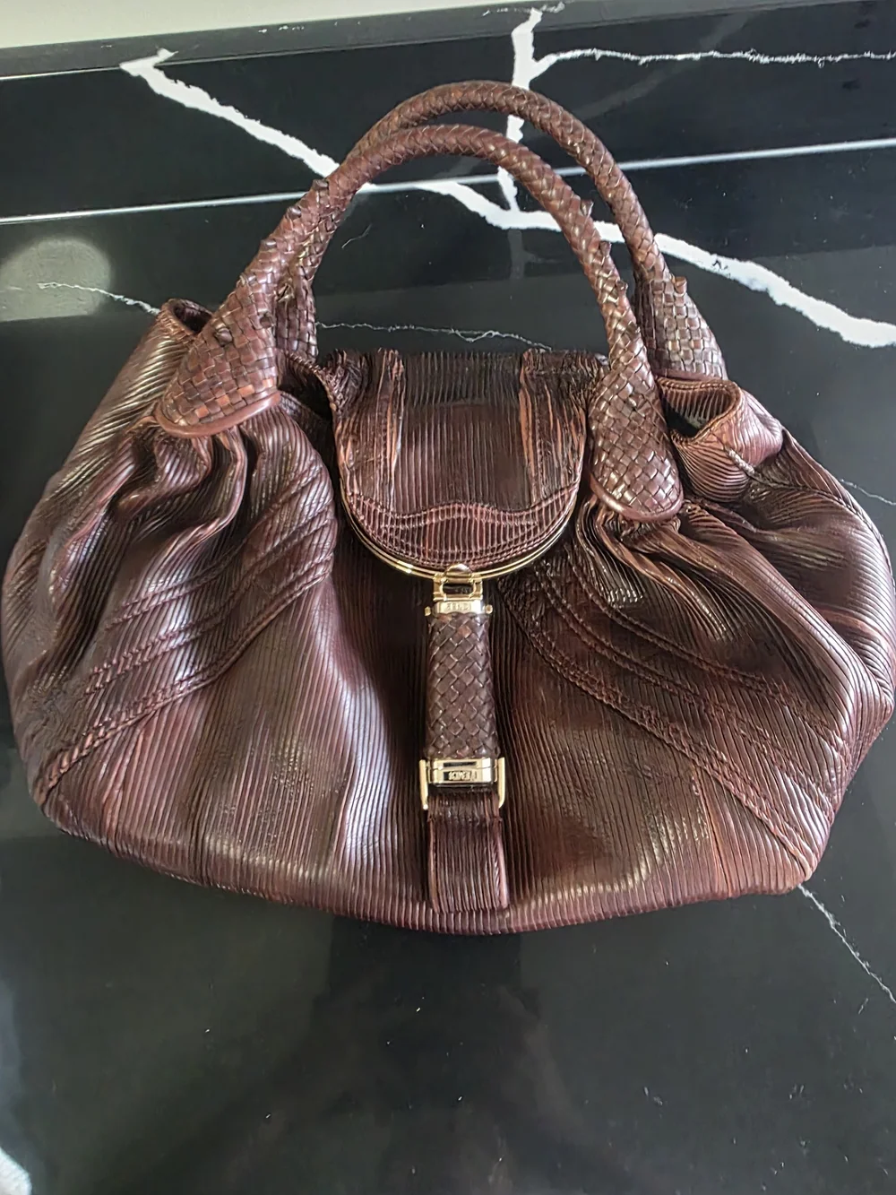 Women's Braided Handle Leather Tote Bag in Deep Plum